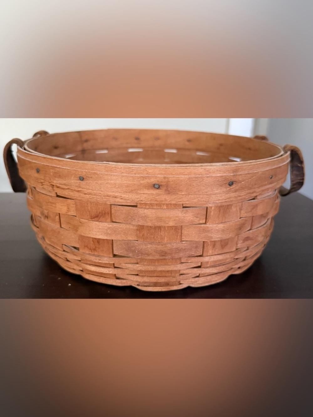 Longaberger Handwoven Round Brown Basket with Leather Handles